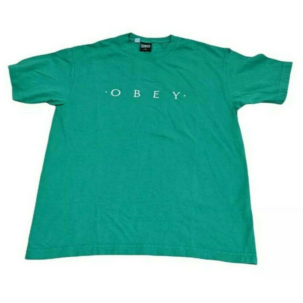 Obey Spell Out Logo T-Shirt Medium Green Short Sleeve Crew Neck Made In USA